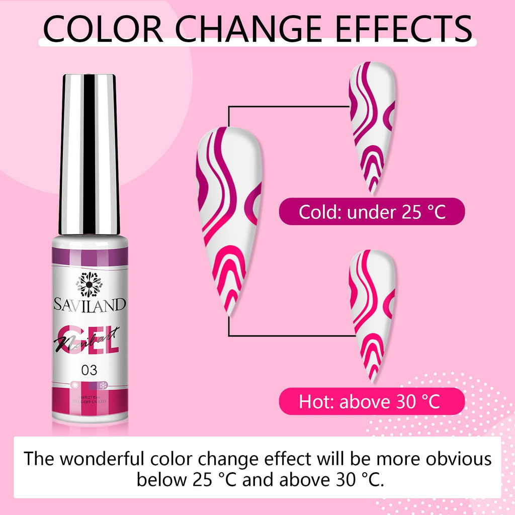 SAVILAND One-Step Gel Nail Polish Pen shows color change effects with temperature. Premium imported for vibrant results.