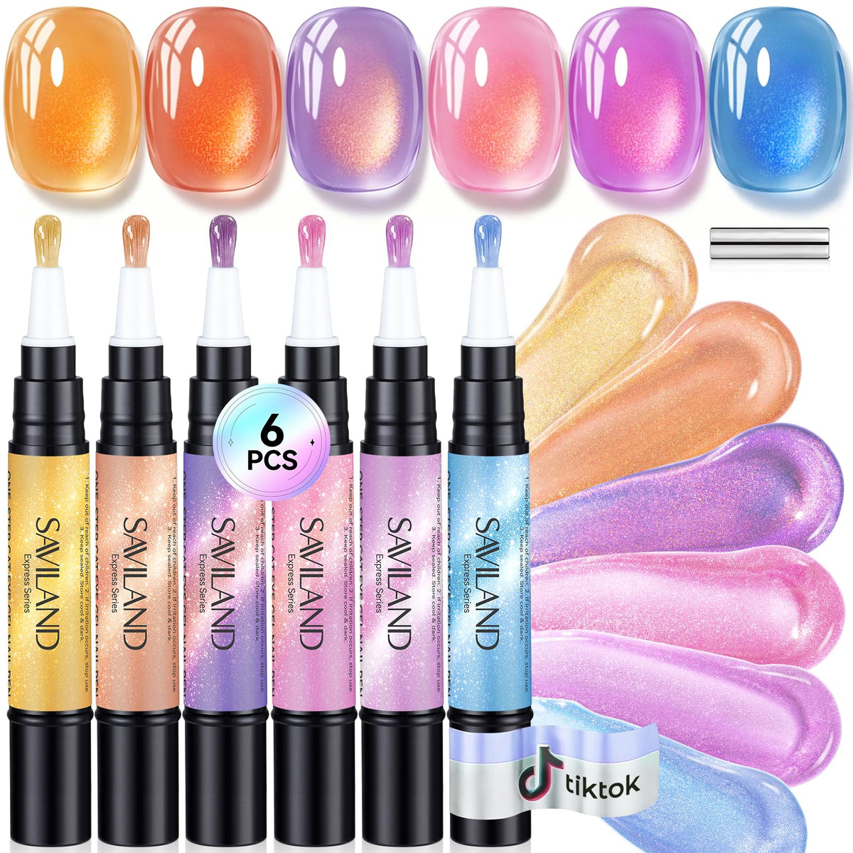 Premium imported SAVILAND One-Step Gel Nail Polish Pens, 6 vibrant colors with shimmer for effortless manicure.