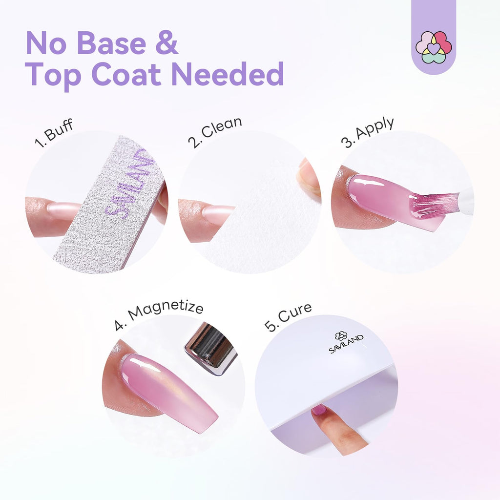 SAVILAND One-Step Gel Nail Polish Pens S in original packaging, highlighting easy application steps: buff, clean, apply, magnetize, and cure.