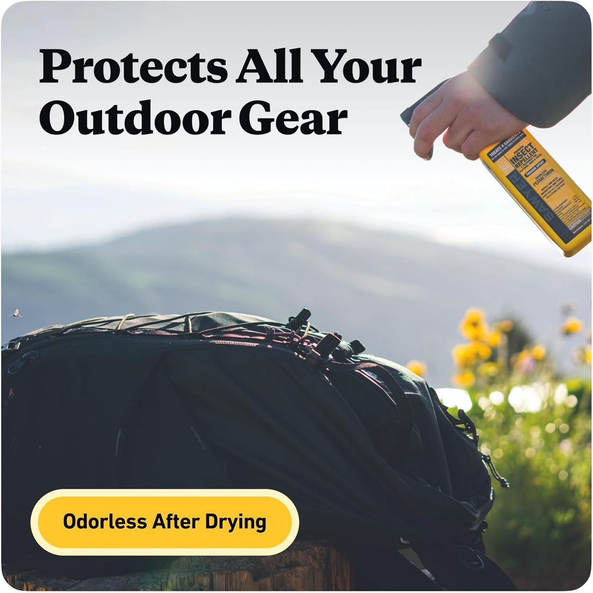 Sawyer Permethrin Insect Repellent in action, protecting outdoor gear with odorless formula after drying.
