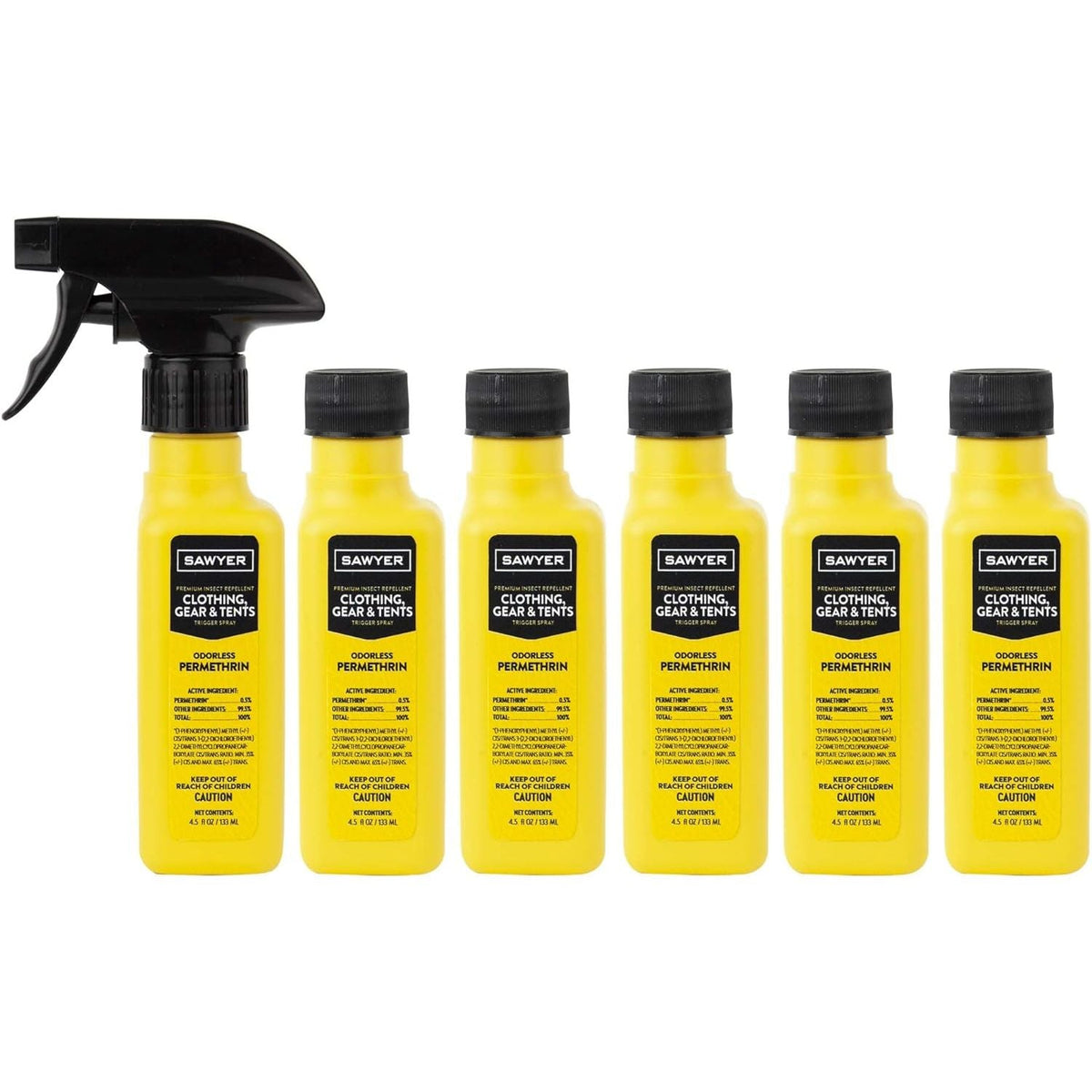 Original Sawyer Permethrin insect repellent in six yellow bottles, designed for effective clothing and gear protection.