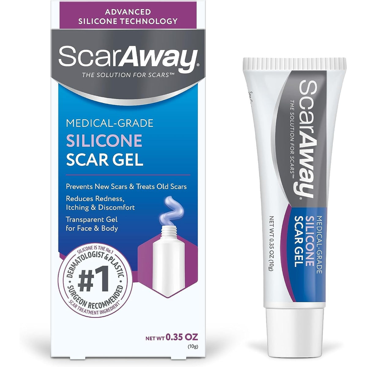 ScarAway Medical-Grade Silicone Scar Gel in original packaging, designed to prevent and treat scars effectively.