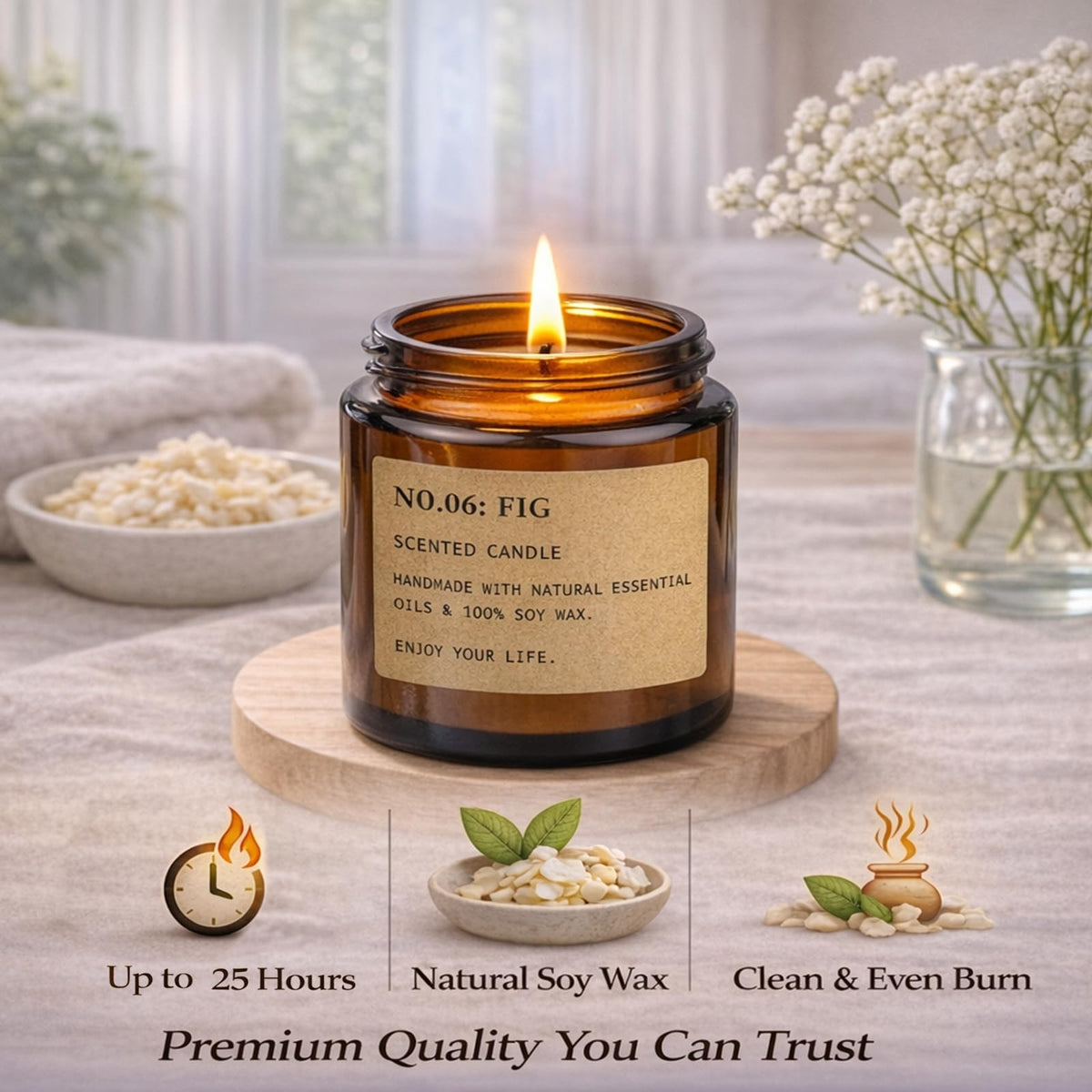 Handmade Scented Candles Gift Set in premium amber jar, featuring natural soy wax and essential oils for a clean, even burn. Available at Curat Cart.