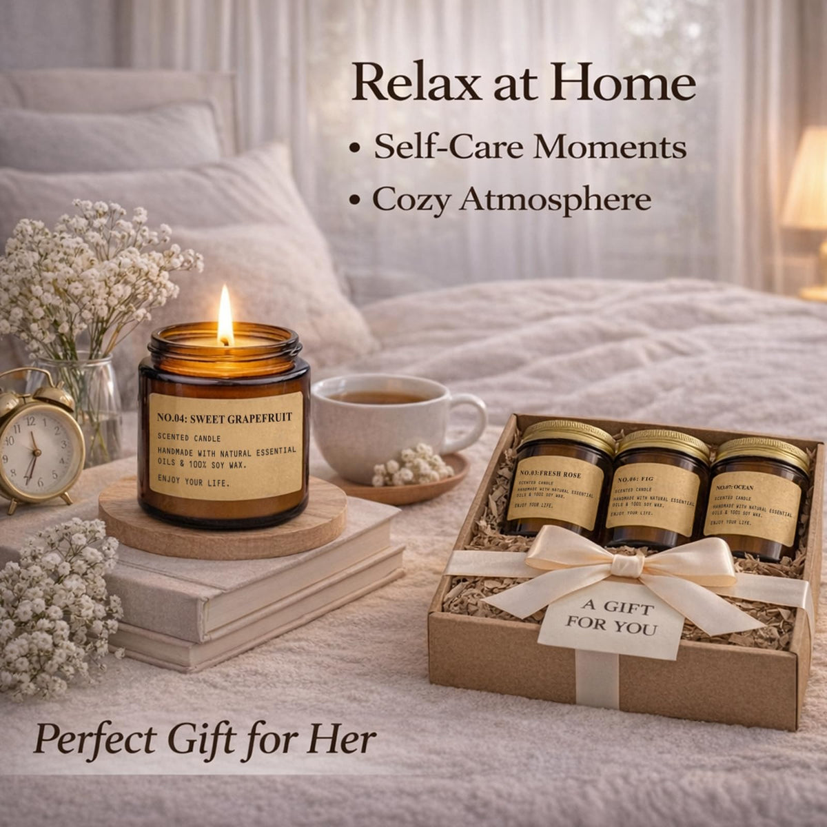 Indulge in luxury with the exclusive scented candles gift set from Curat Cart, perfect for self-care and creating a cozy atmosphere.
