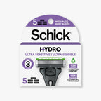 Schick Hydro Ultra Sensitive razor for men features 3 blades, aloe for comfort, and includes 5 cartridges. 100% genuine product.