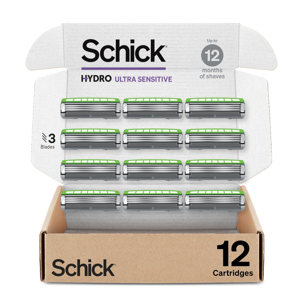 12-pack of Schick Hydro Ultra Sensitive 3-Blade men’s razor cartridges. Available online for smooth, irritation-free shaving.