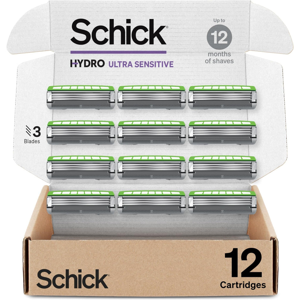 Authentic Schick Hydro Ultra Sensitive 3-Blade cartridges, 12 pack, designed for up to 12 months of gentle, smooth shaves.