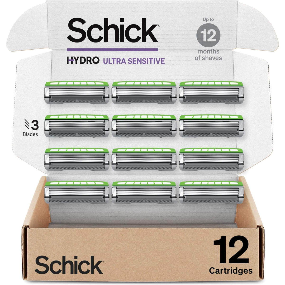 Authentic Schick Hydro Ultra Sensitive 3-Blade cartridges, 12 pack, designed for up to 12 months of gentle, smooth shaves.