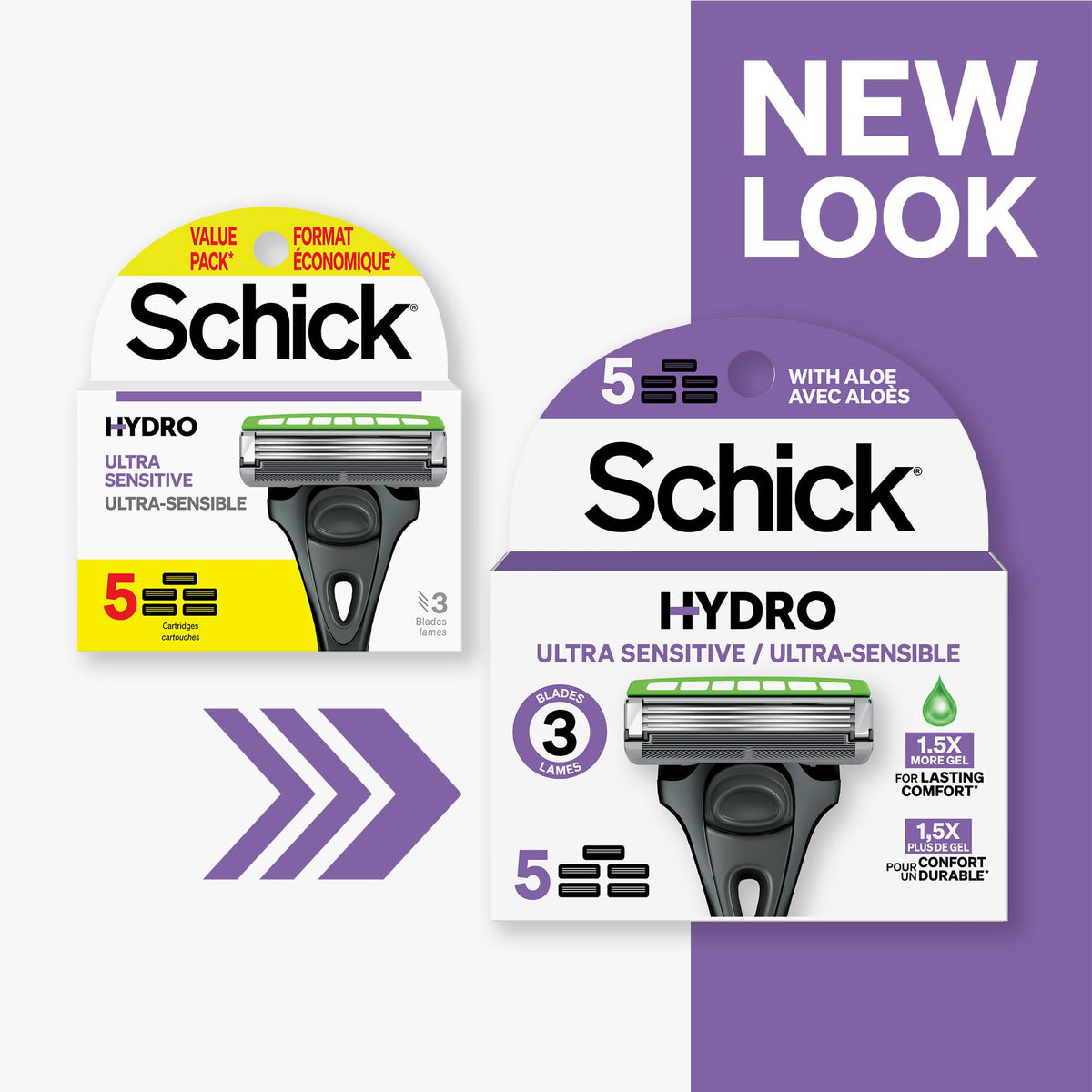 Schick Hydro razor with 3 blades, ultra-sensitive with aloe, featured in new packaging. Designed for comfort and durability.