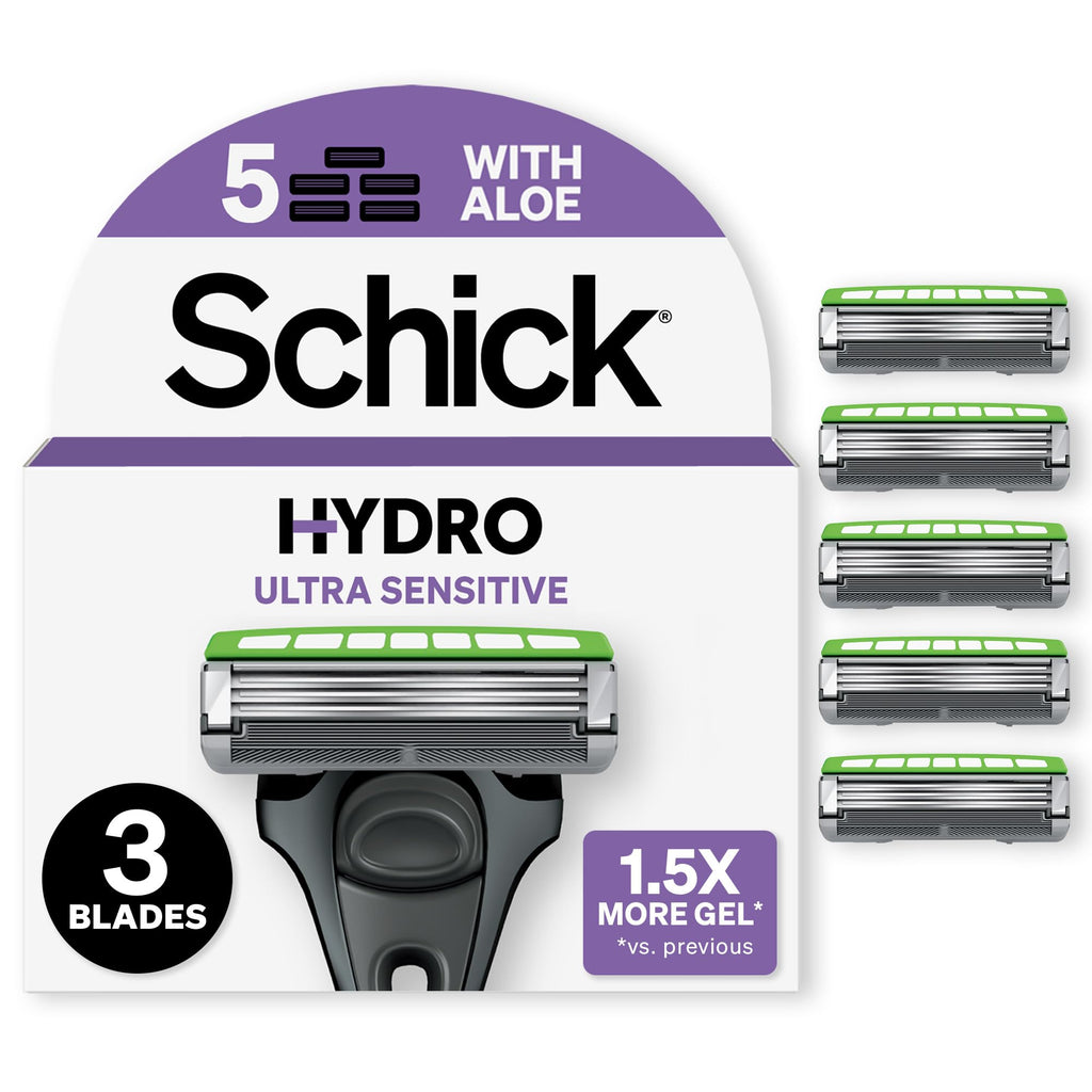 Schick Hydro Ultra Sensitive men's razor pack with 3 blades, aloe gel, and 1.5x more gel for a smooth shave. Verified by CuratCart.