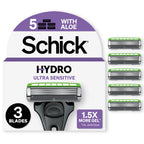 Schick Hydro Ultra Sensitive men's razor pack with 3 blades, aloe gel, and 1.5x more gel for a smooth shave. Verified by CuratCart.