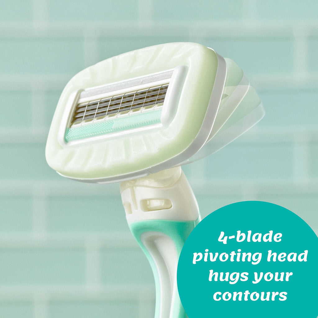 Schick Intuition Disposable Razor features a 4-blade pivoting head that beautifully hugs your body's contours for a smooth shave.