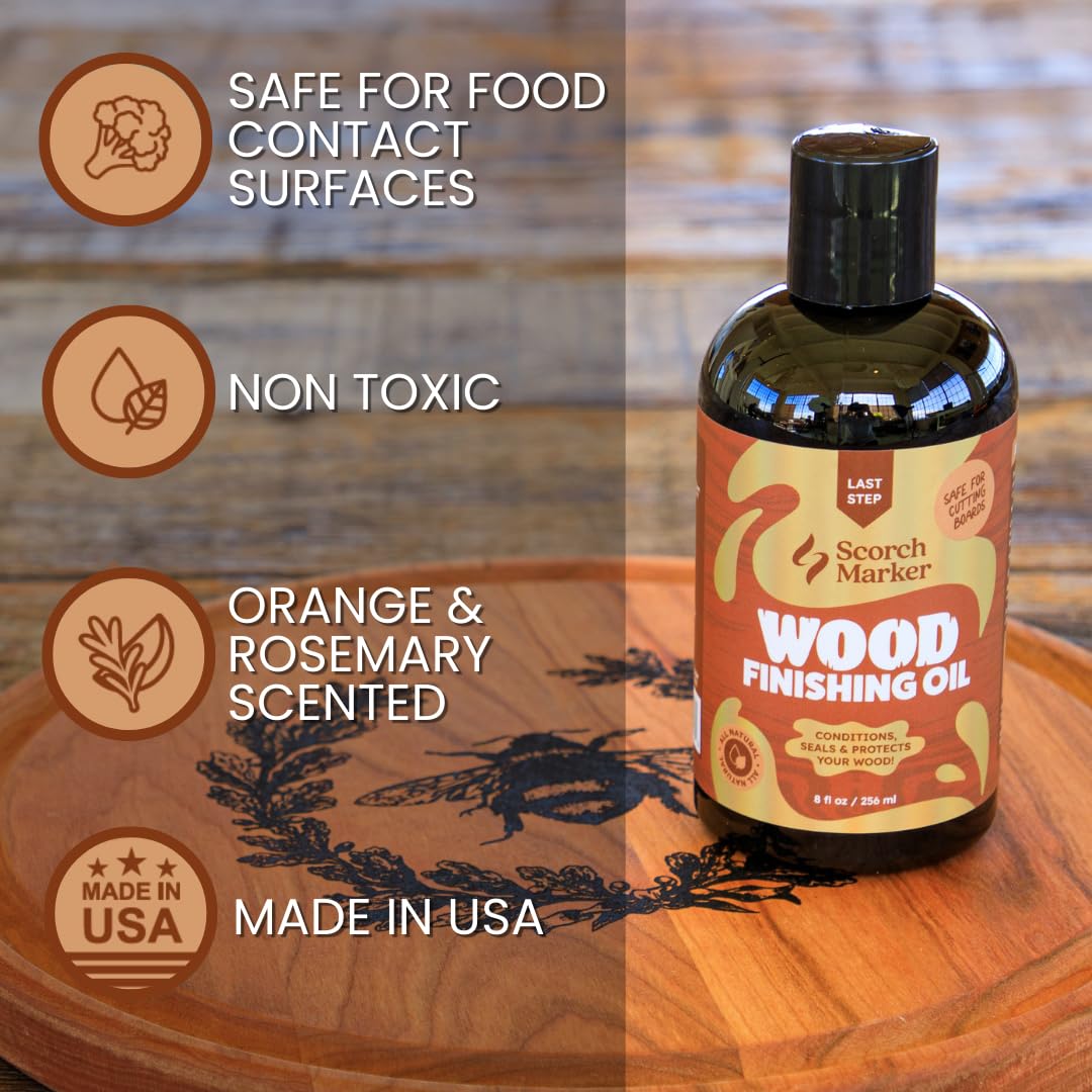 Scorch Marker Wood Finishing Oil is non-toxic, safe for food contact, and made in the USA. Available at Curat Cart.