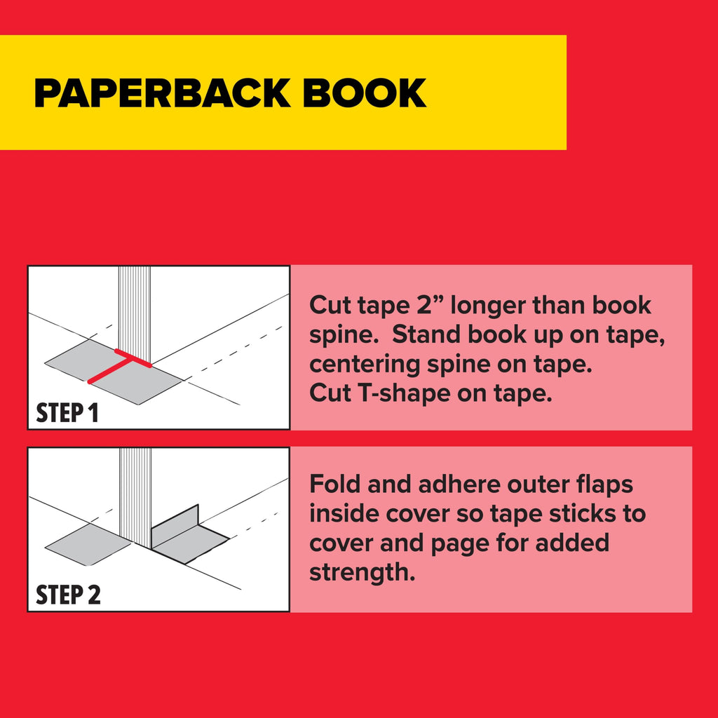 Detailed instructions for using Scotch Book Tape on a paperback book, showcasing quality packaging from Curat Cart.