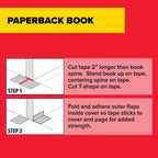 Detailed instructions for using Scotch Book Tape on a paperback book, showcasing quality packaging from Curat Cart.