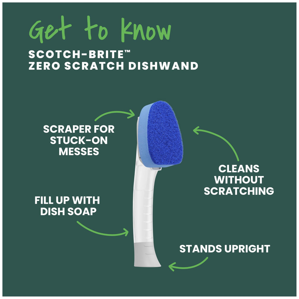 Scotch-Brite Non-Scratch Dishwand Kit features a scraper for tough messes, ideal for cleaning without scratching. Available at Curat Cart.