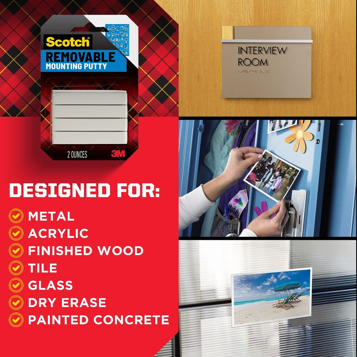 Scotch Removable Adhesive Putty, ideal for mounting on various surfaces like metal and tile. Perfect for daily use. Available at Curat Cart.
