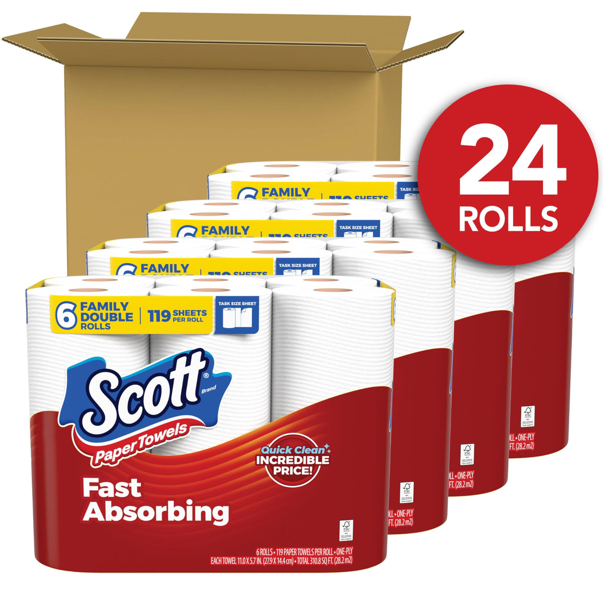 Scott Paper Towels in a pack of 24 rolls, offering fast absorption. 100% Authentic, available at Curat Cart in India.