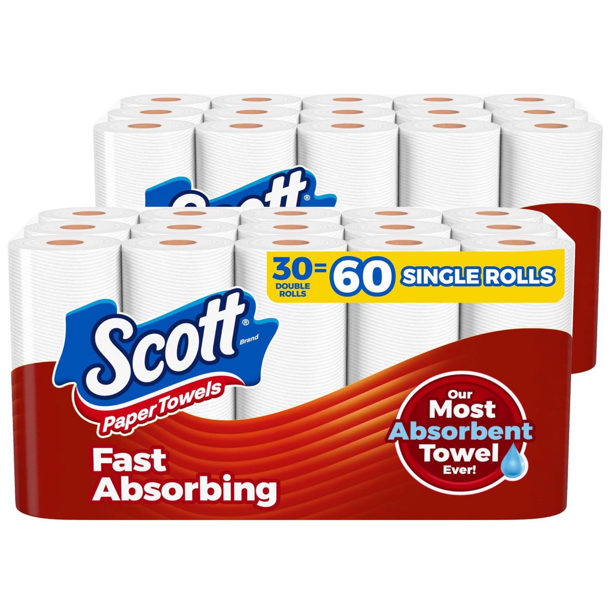 Scott Paper Towels in official packaging, featuring fast-absorbing quality and offering 30 double rolls for superior cleaning at Curat Cart.