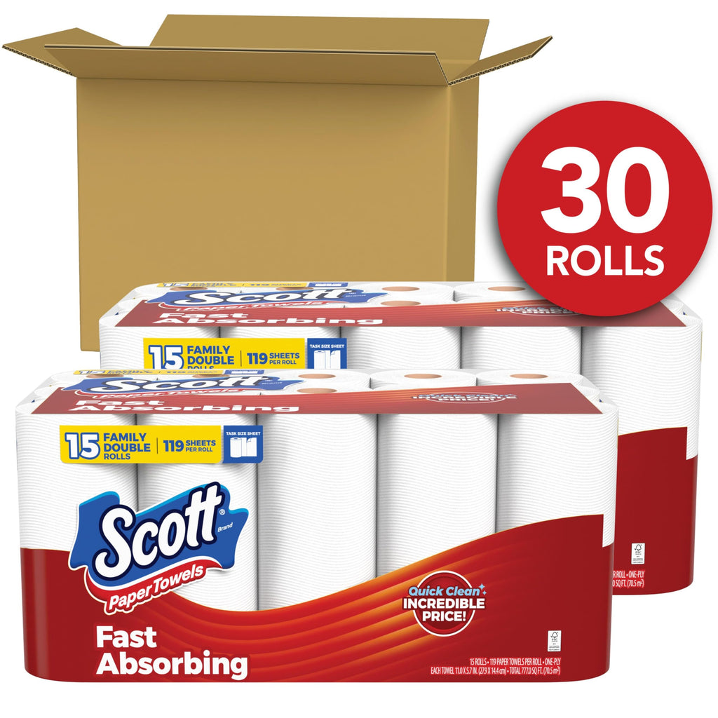 Scott Paper Towels, 30 rolls, fast absorbing and 100% authentic, available at Curat Cart in India. Perfect for quick clean-ups.