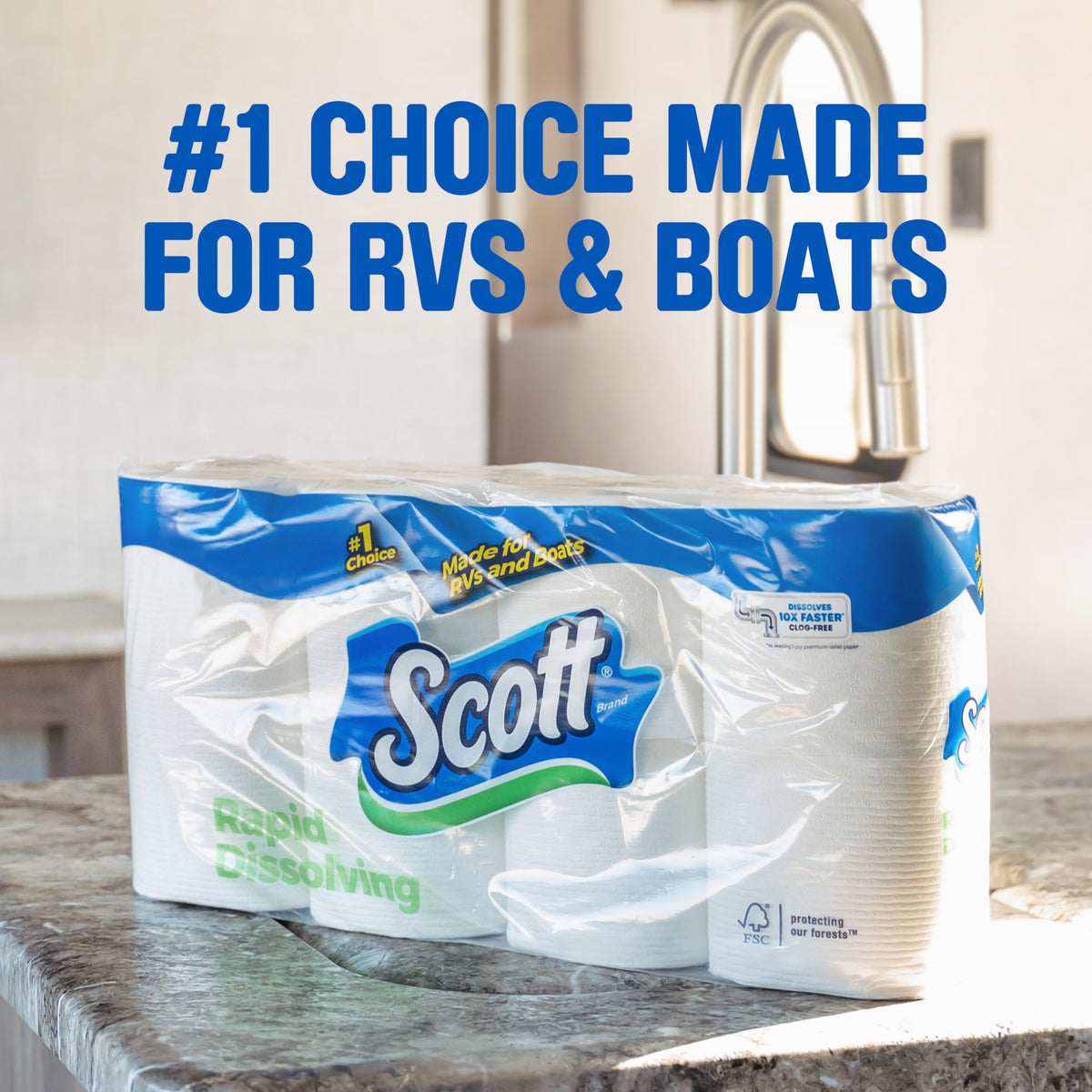 Scott Rapid-Dissolving Toilet Paper in official packaging, ideal for RVs and boats, available at Curat Cart.