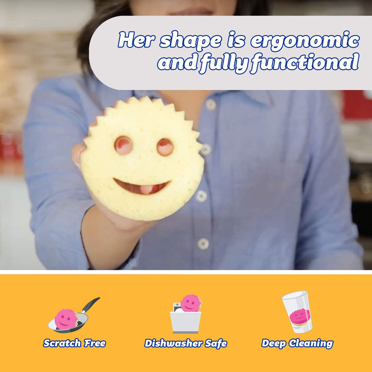 Scrub Daddy Sponge showcased in ergonomic design, highlighting its scratch-free and dishwasher-safe features. Available at Curat Cart.