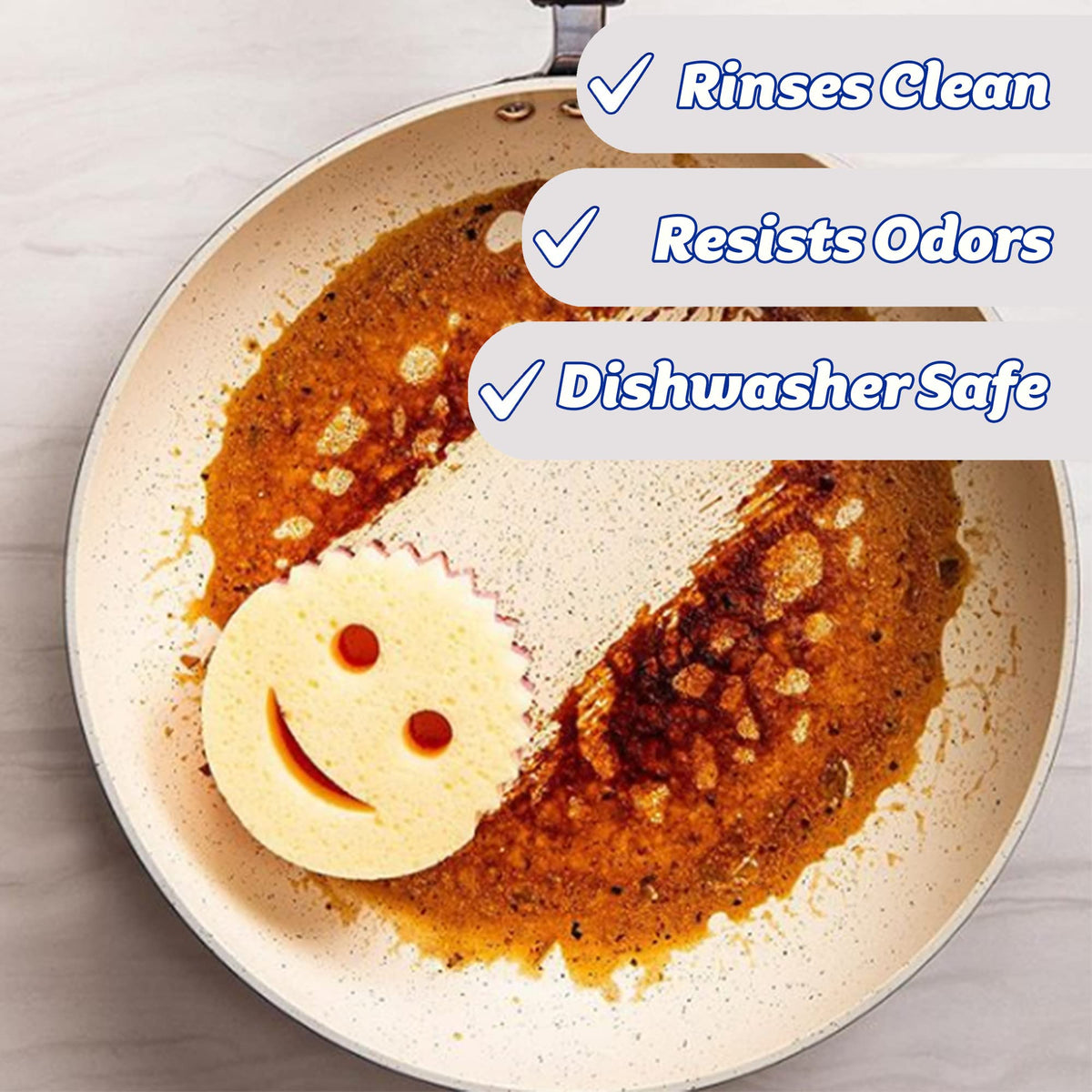 Scrub Daddy Sponge showcased in official packaging, demonstrating its odor resistance and dishwasher-safe quality. Available at Curat Cart.