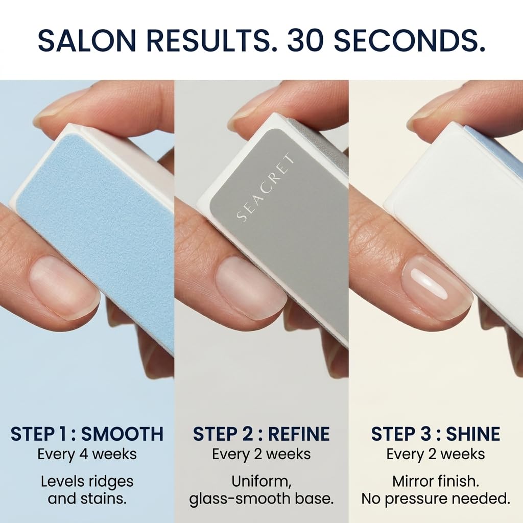 SEACRET 3-Way Nail Buffer Block: smooth, refine, shine steps; achieve salon results at home. Trusted by CuratCart.