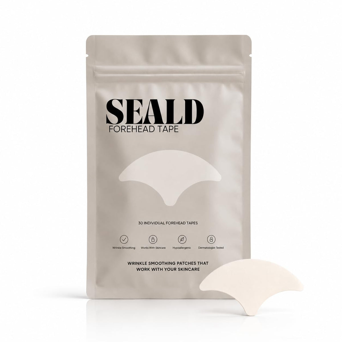 SEALD™ Forehead Tape pack with individual patches for wrinkle smoothing, designed for authentic skincare routines.
