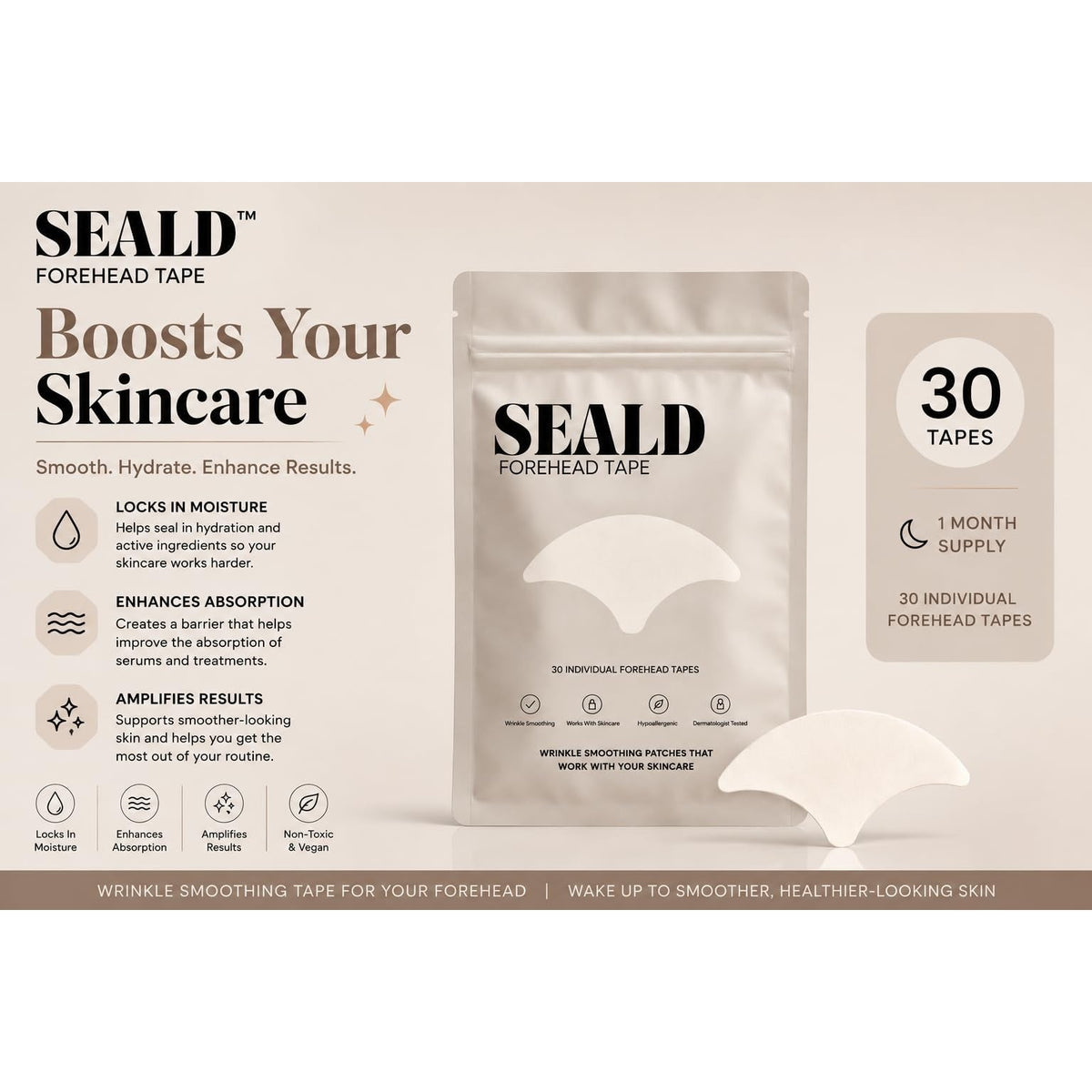 SEALD™ Forehead Tape boosts skincare with 30 genuine tapes for wrinkle smoothing. Hydrate and enhance results effectively.