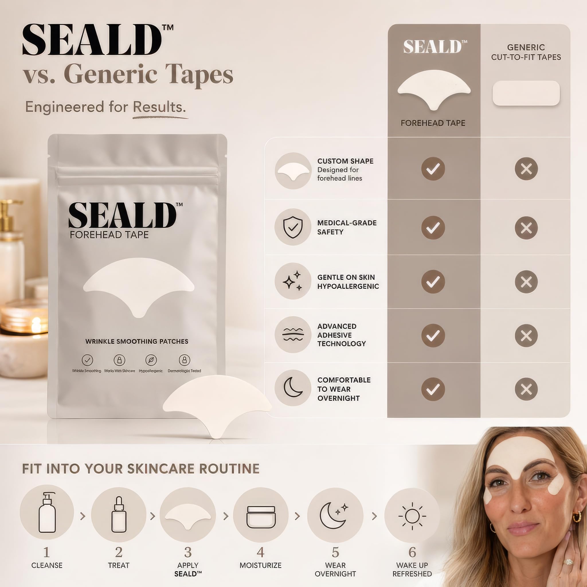 Premium imported SEALD™ Forehead Tape designed to smooth wrinkles with a custom shape for effective skincare.