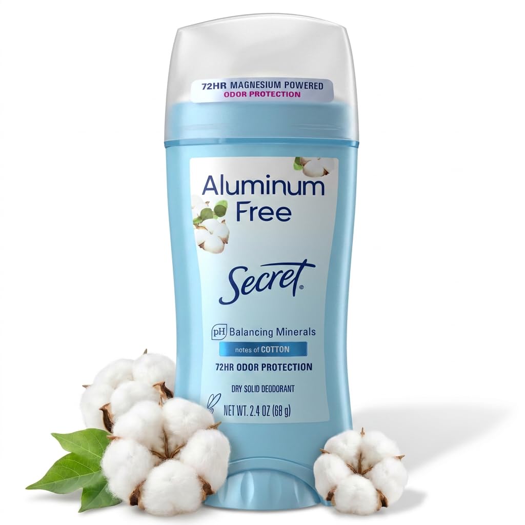 Discover Secret Aluminum Free Deodorant with 72-hour odor protection, featuring balancing minerals and cotton essence.