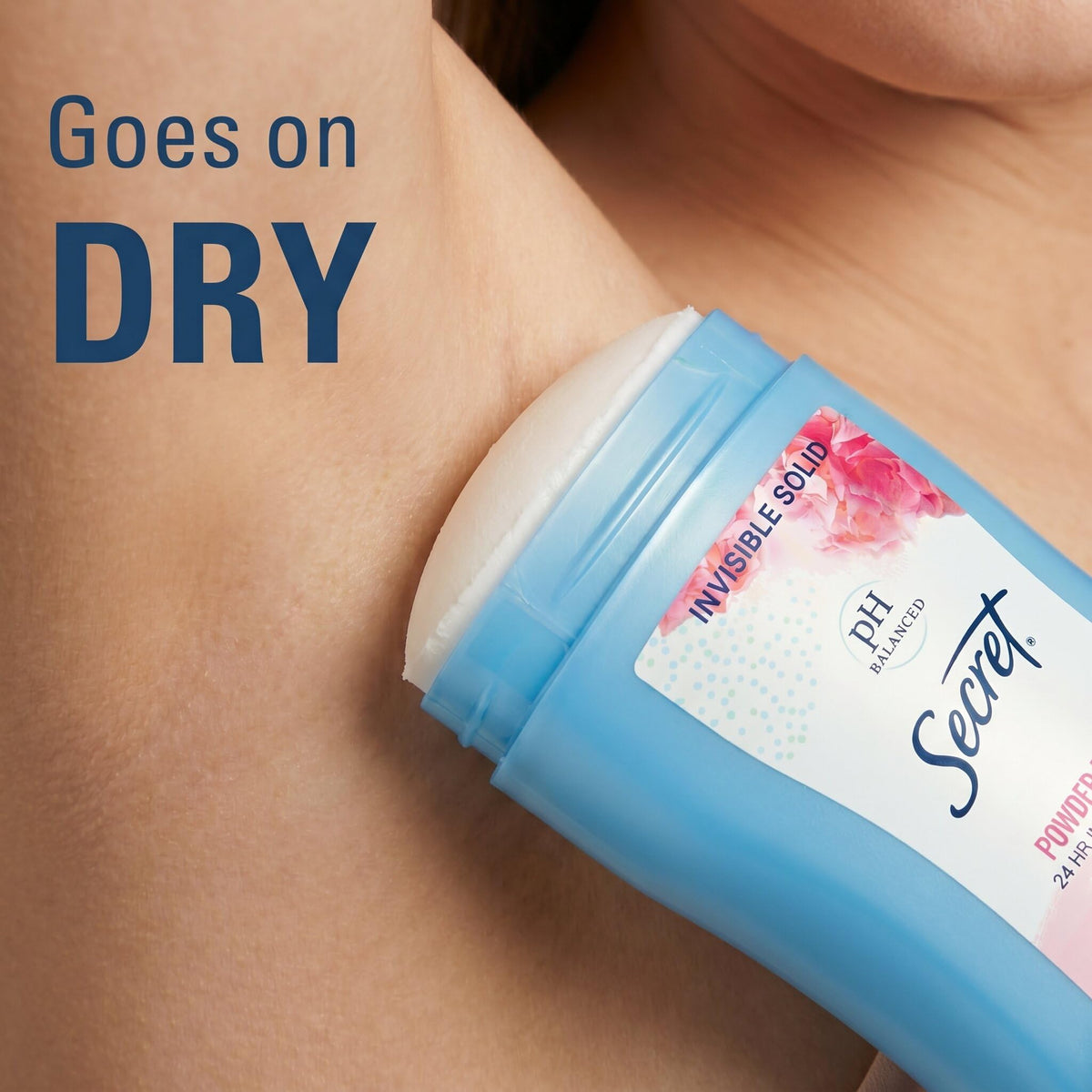 Secret Anti-Perspirant Deodorant's blue stick is applied smoothly, ensuring a dry finish for all-day freshness.