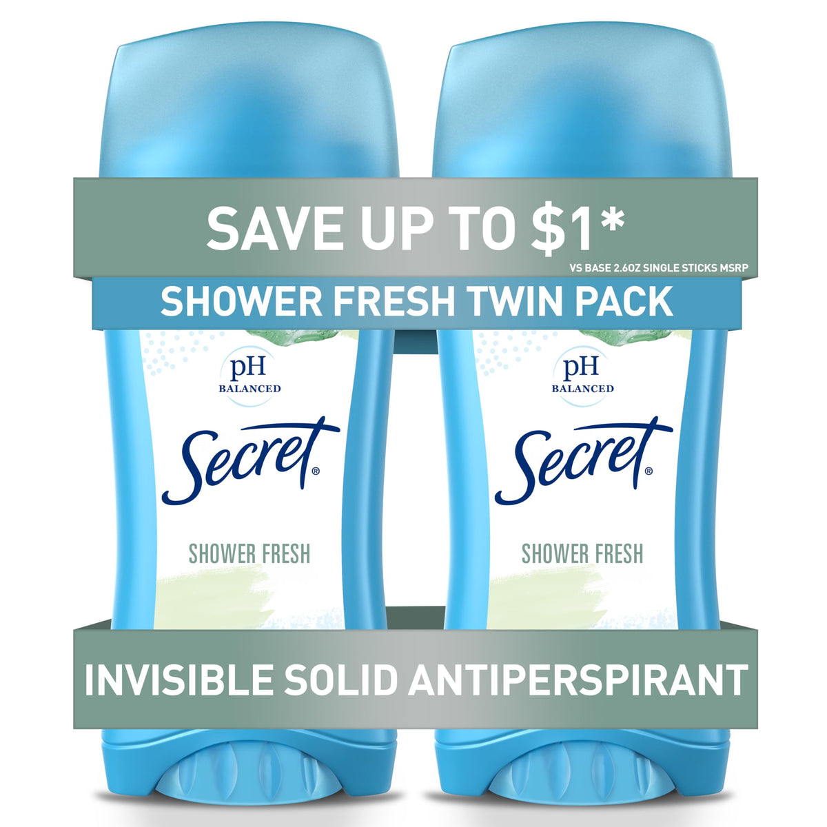 Secret Anti-Perspirant Deodorant twin pack with a refreshing shower fresh scent. Original packaging highlights savings.