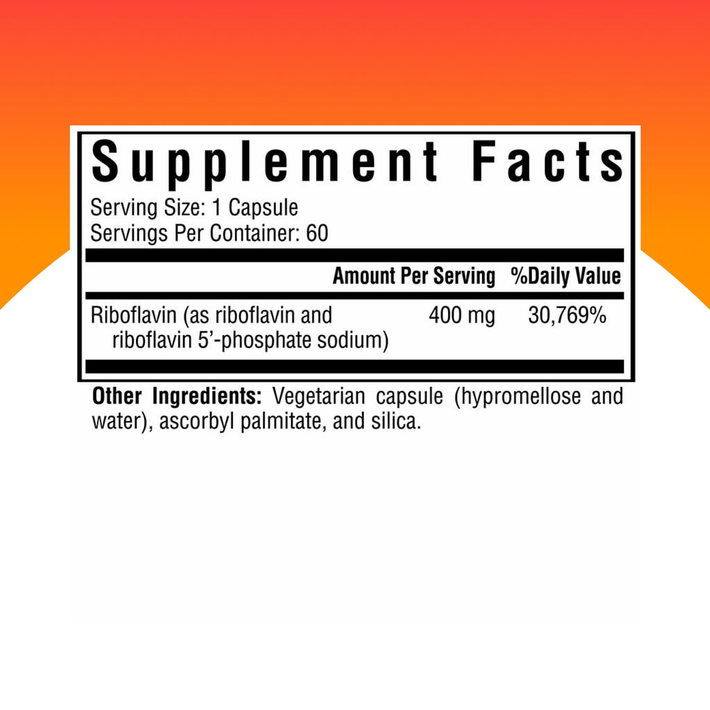 Riboflavin 400 mg supplement facts showcasing ingredients. 100% Authentic and available in India at Curat Cart.
