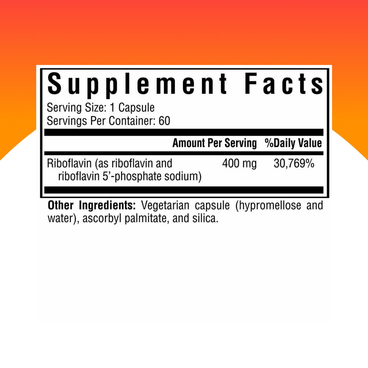 Riboflavin 400 mg supplement facts showcasing ingredients. 100% Authentic and available in India at Curat Cart.