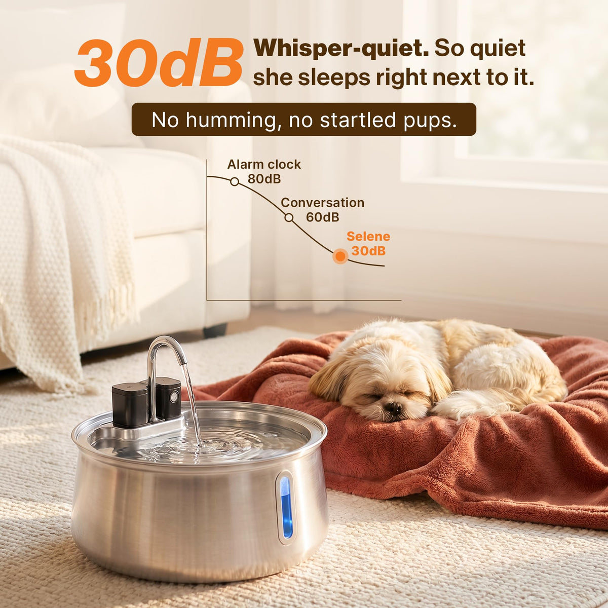 The Selene Wireless Doggy Fountain operates at 30dB, ensuring a peaceful environment. 100% Authentic, available at Curat Cart.