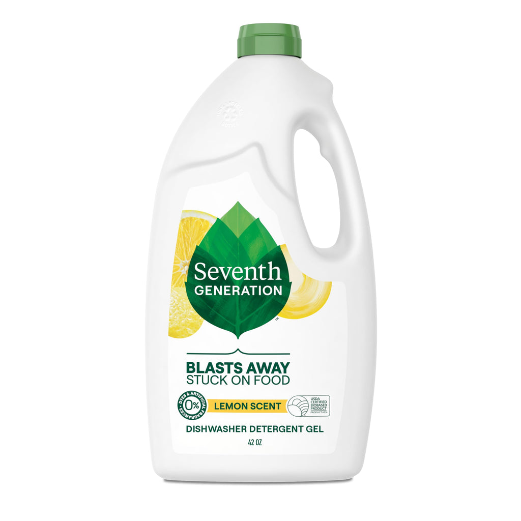 Seventh Generation Dishwasher Detergent gel in lemon scent, a premium import that blasts away stuck-on food, available at Curat Cart.
