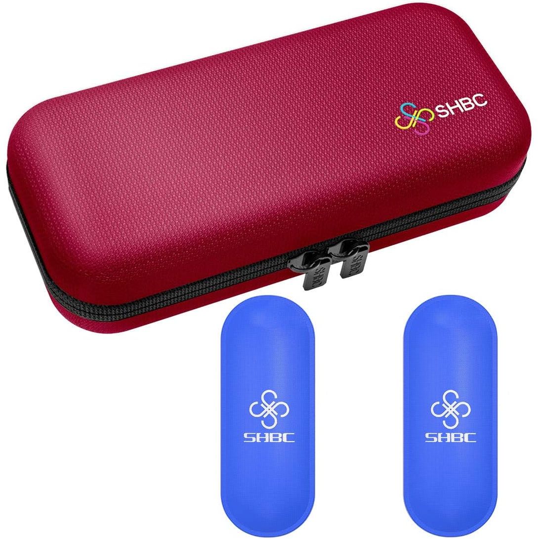 Premium red insulin cooler case with two blue ice packs, designed for safe travel and storage of insulin.