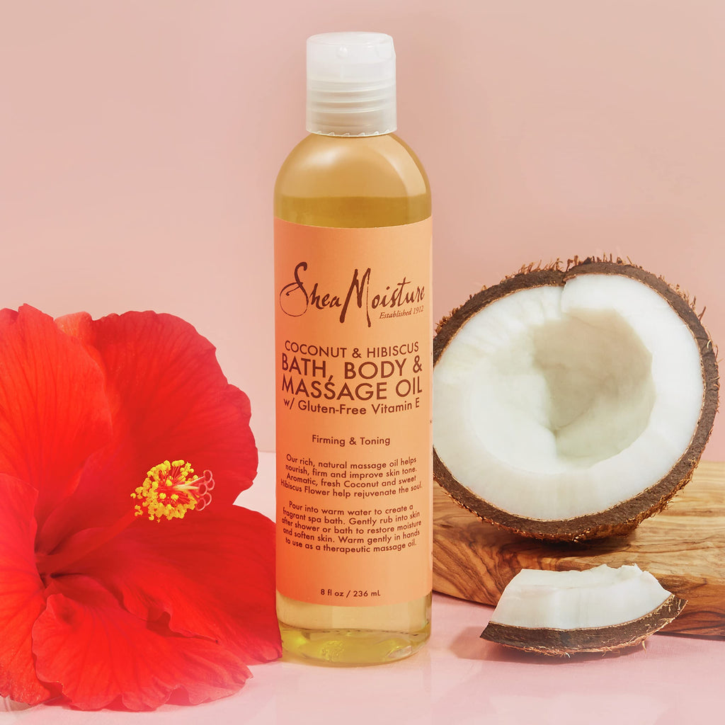 Coconut & Hibiscus Massage Oil by Shea Moisture. Available for online ordering in India. Perfect for firming and toning.