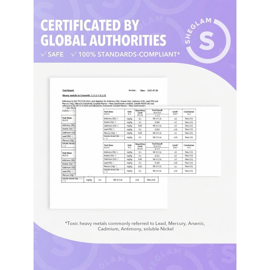 Document showing SHEGLAM product certifications, ensuring safety and compliance with global standards.