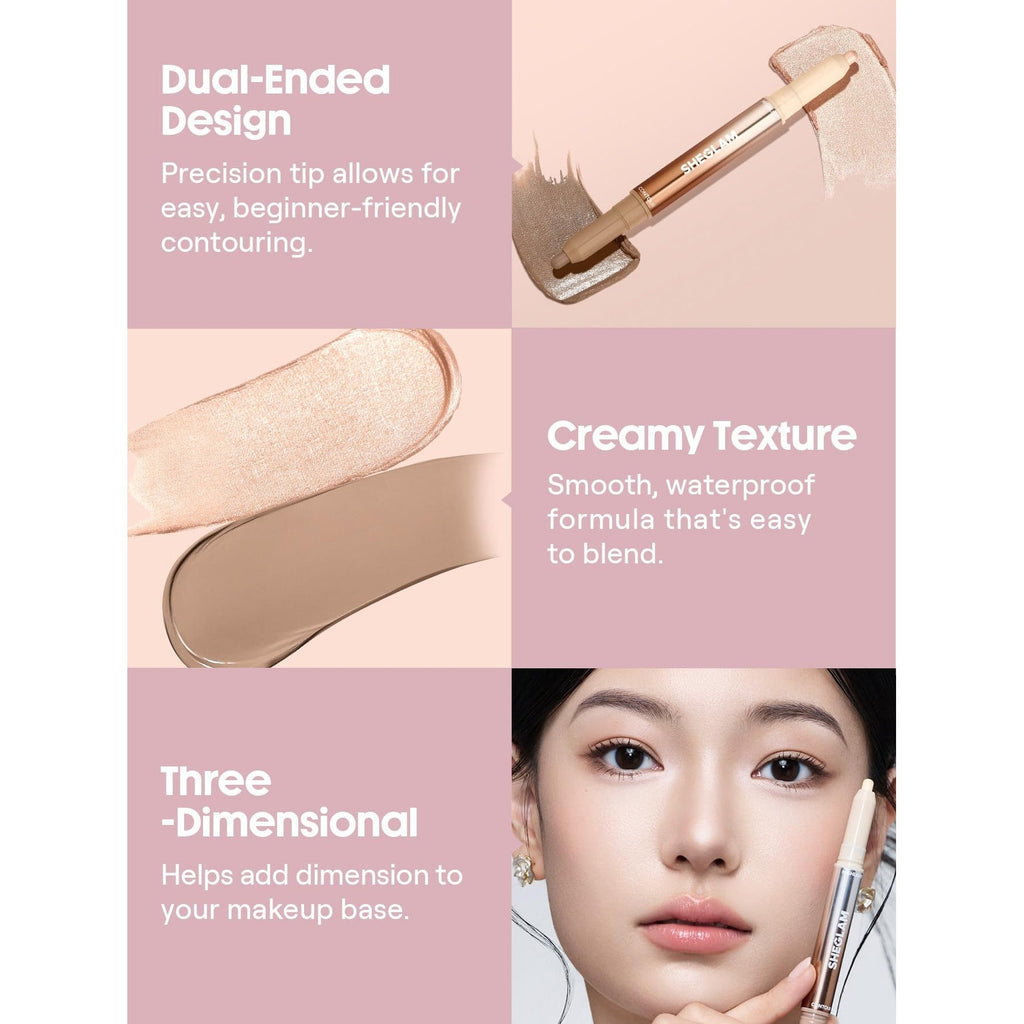 Showcase of SHEGLAM Fine Line 2-In-1 Nose Contour with dual-ended design and creamy texture for easy blending.