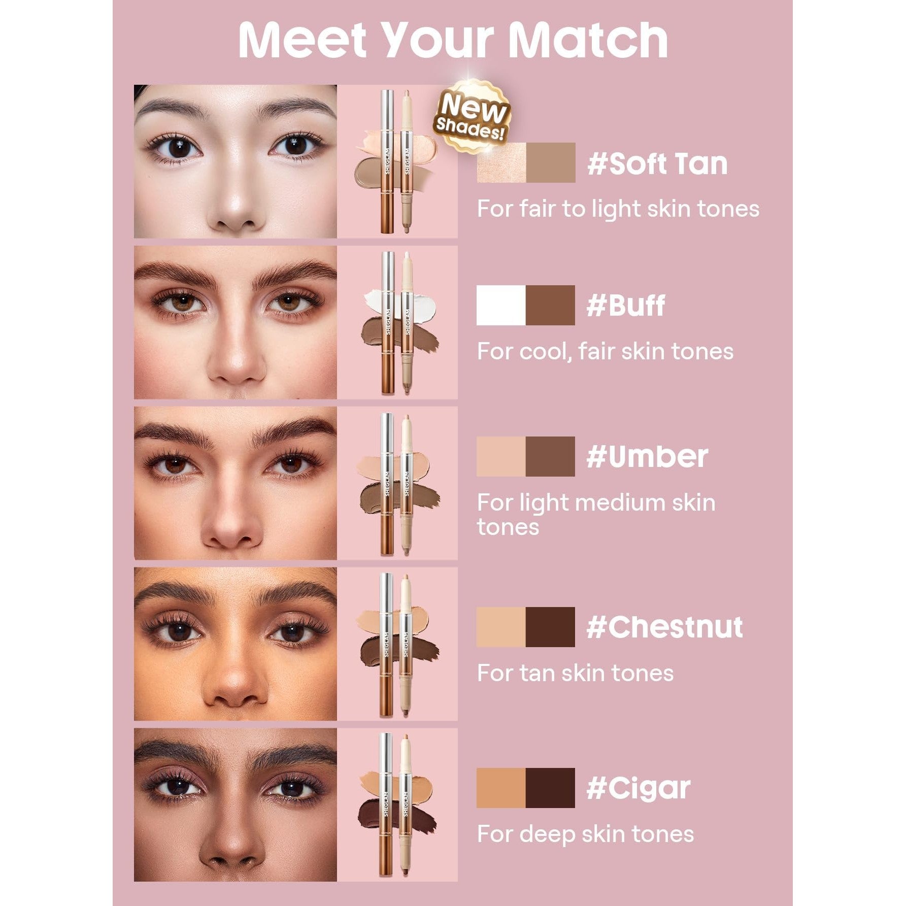 Showcasing SHEGLAM's Fine Line 2-In-1 Nose Contour shades for various skin tones, a premium global favorite.