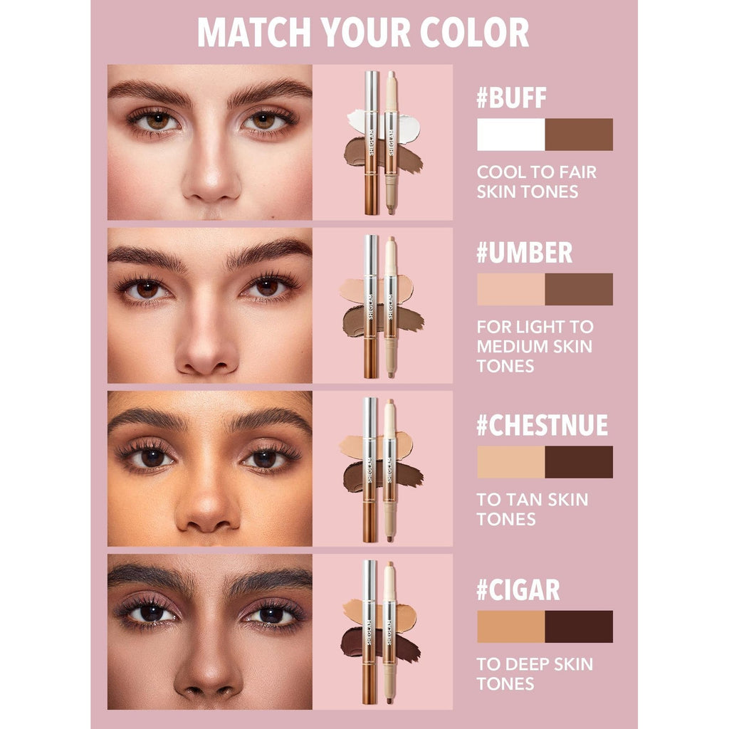 Explore SHEGLAM's 2-in-1 Nose Contour shades: Buff, Umber, Chestnue, and Cigar for flawless contouring. Verified by CuratCart.