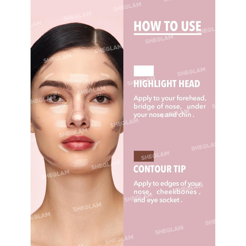 Premium imported SHEGLAM 2-In-1 Nose Contour. Instructions for highlighting and contouring with easy application tips.