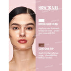 Premium imported SHEGLAM 2-In-1 Nose Contour. Instructions for highlighting and contouring with easy application tips.