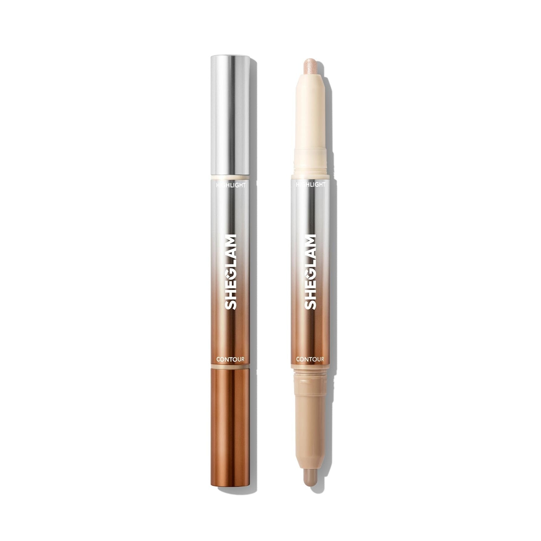 The SHEGLAM Fine Line 2-In-1 Nose Contour & Highlight pen features dual ends for precise contouring and highlighting with sleek packaging.