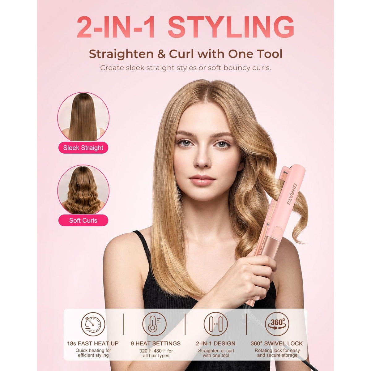 Premium imported SHRATE Flat Iron Hair Straightener for sleek straight or soft bouncy curls. Fast heating, 9 heat settings.