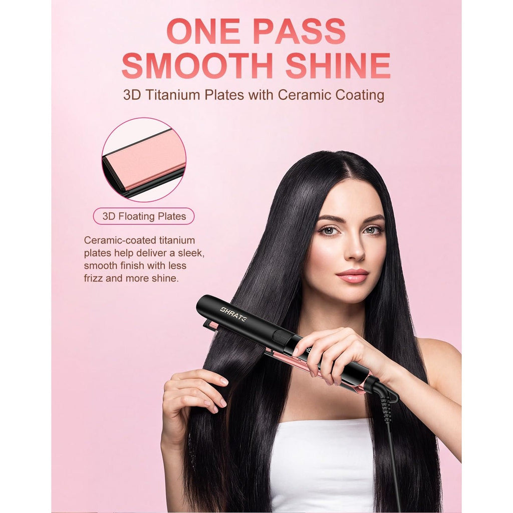 SHRATE Flat Iron features 3D titanium plates for sleek, smooth hair. Achieve shine and frizz-free results effortlessly.