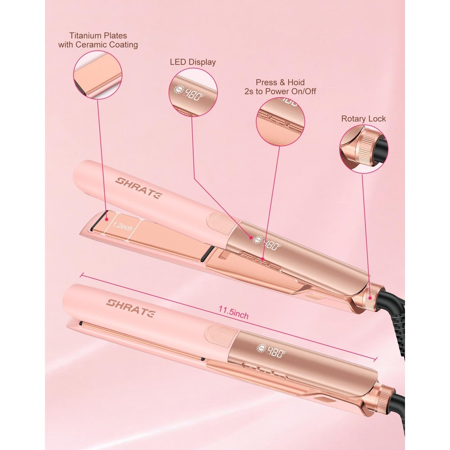 SHRATE Flat Iron with titanium plates, LED display, and rotary lock. Available online for easy ordering.